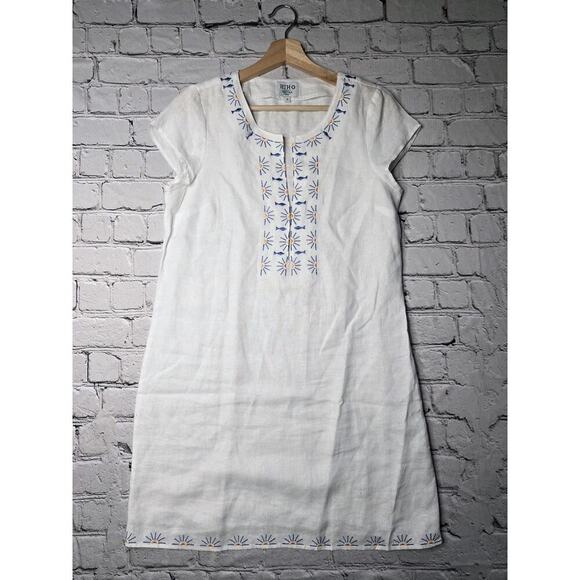 Hiho Tortola BVI 100% Linen Stich Embroidered White Resortwear Dress Size Small - Picture 1 of 10
